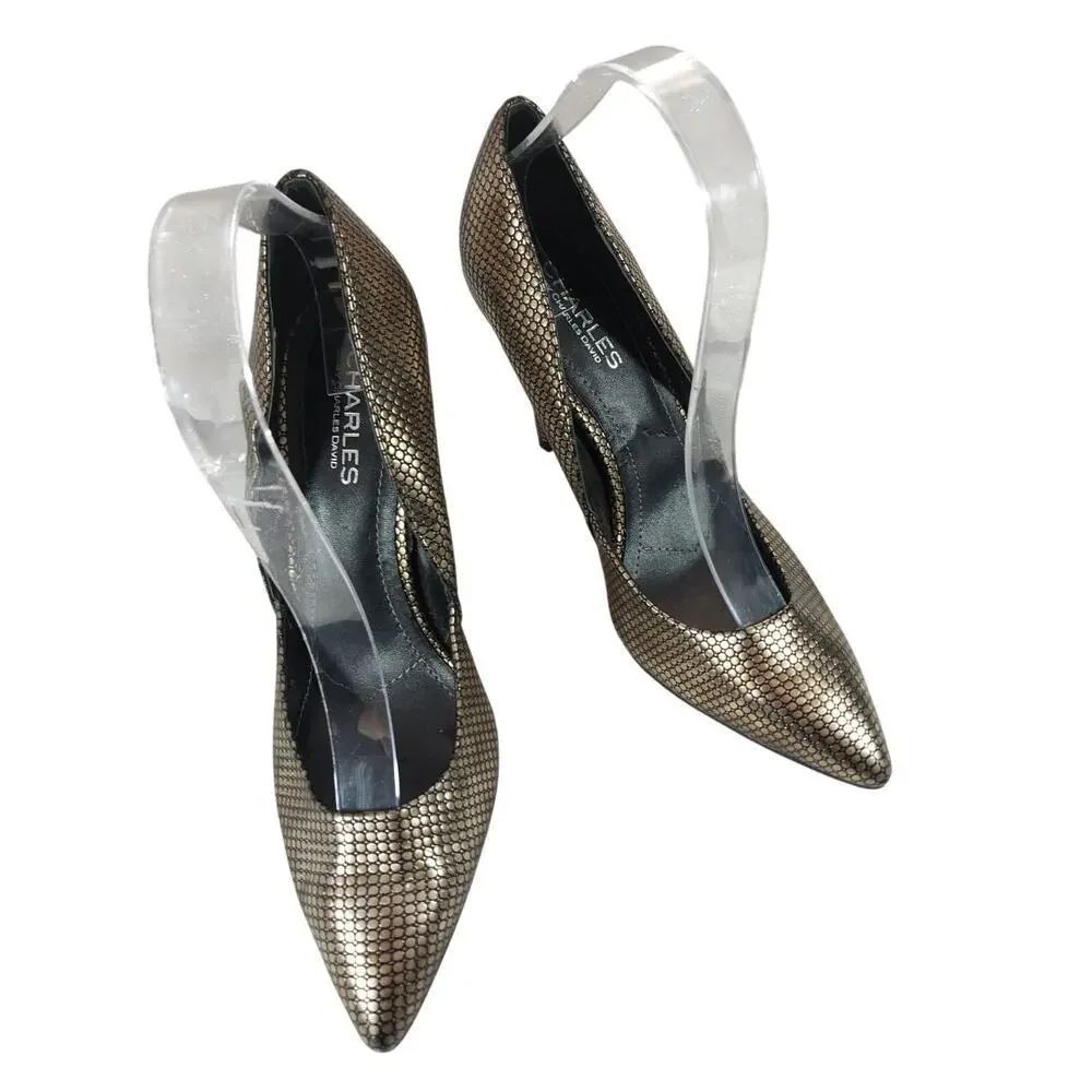 CHARLES DAVID! GORGEOUS BLACK & GOLD MICRO-PATTERNED STILETTO HEELS! SZ 8M